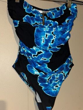 Calvin Klein Black One-Piece Swimsuit with Blue Floral Print